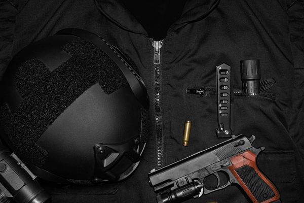 Various Tactical Equipment on a Black Background