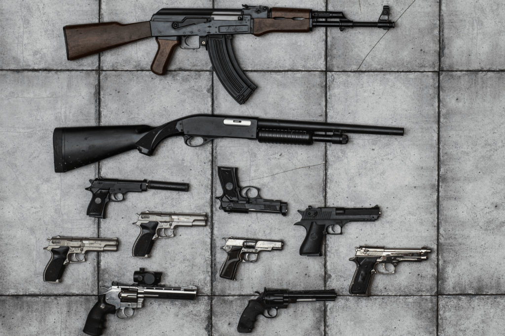 Eleven Different Types of Firearms Spread out on a Cement Tile Floor