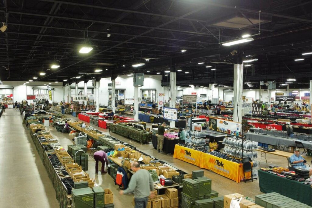 Aerial image of customers browsing vendor tables at an Eagle Shows gun show event