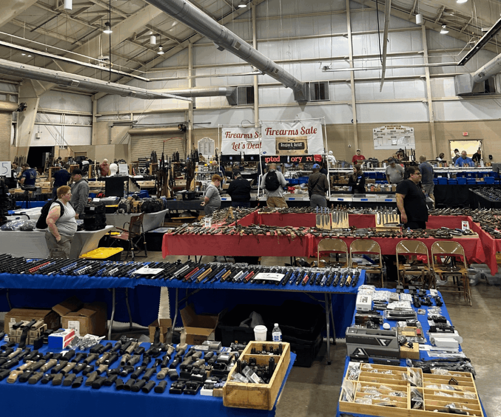 many gun show vendor tables are set up at a Pennsylvania gun show hosted by Eagle Shows
