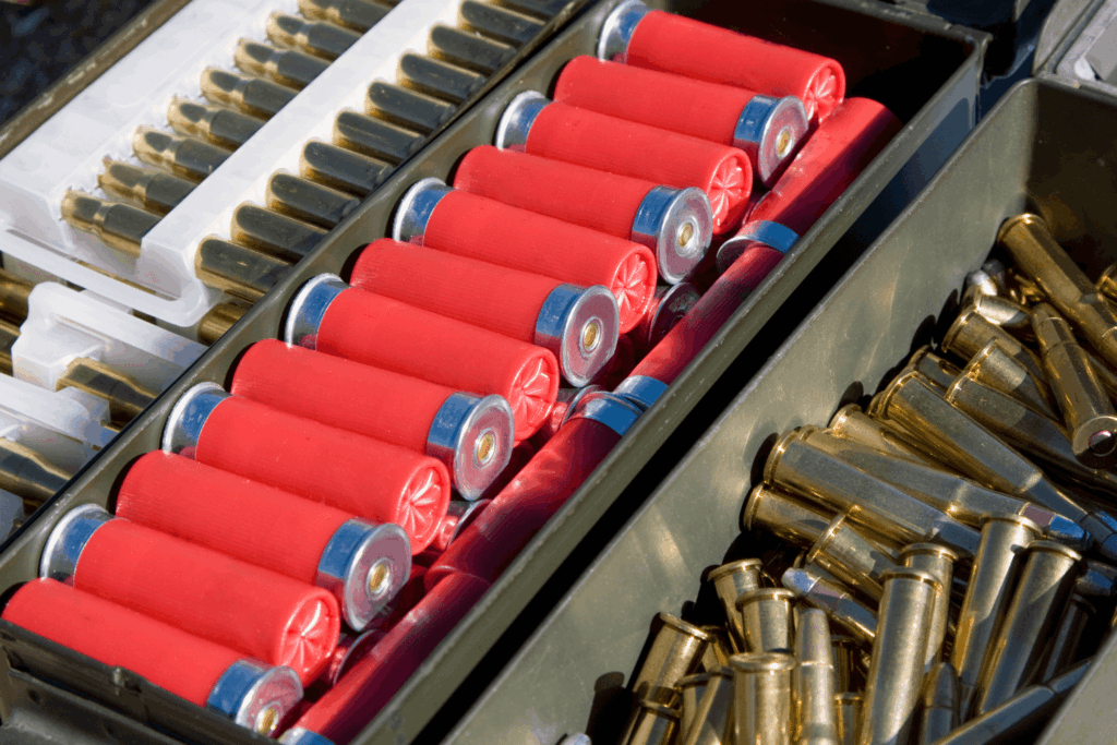 Rows of Ammunition Including Red Shotgun Shells and Brass Casings Nicely Organized