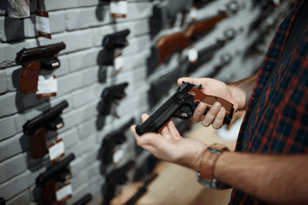 man examining used guns at a shop - Eagle Shows | Pennsylvania Gun Shows | Get Tickets Now Man Examining Used Guns at a Shop