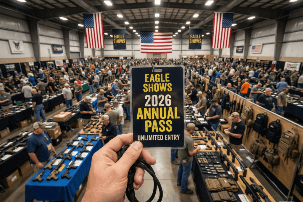 Hand Holding an Eagle Shows Annual Pass with Vendor Tables and Customers Walking Around in the Background