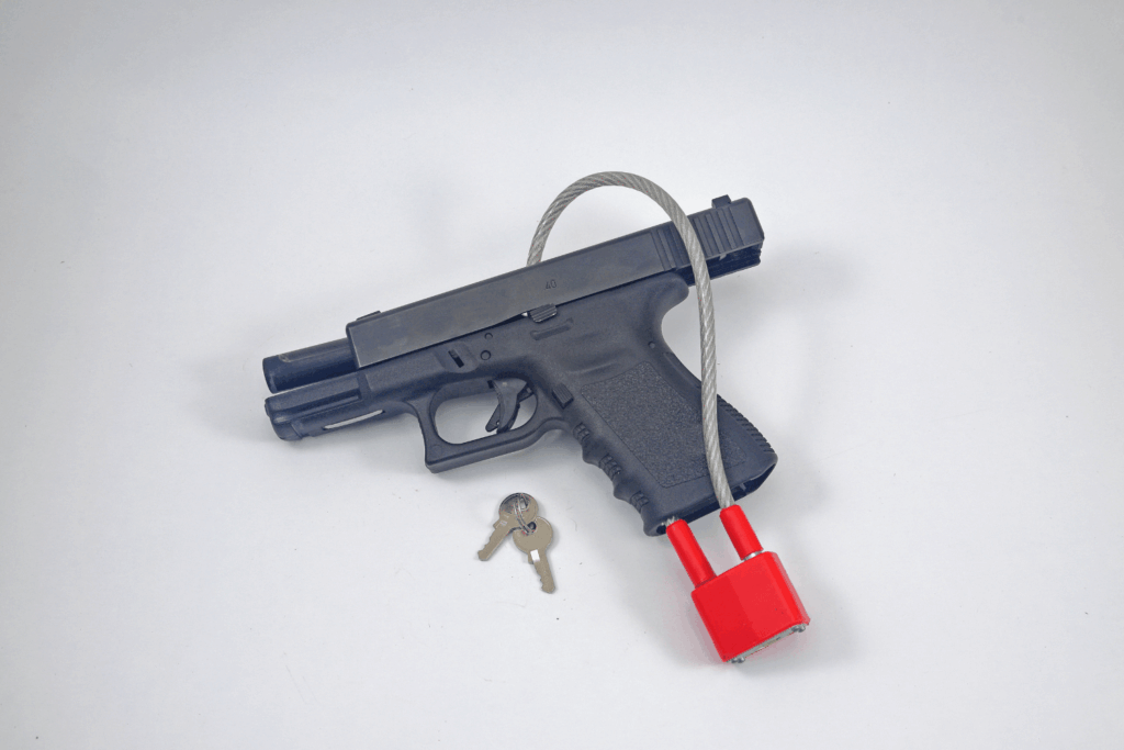 Pistol Locked for Safety with Keys  Next to It